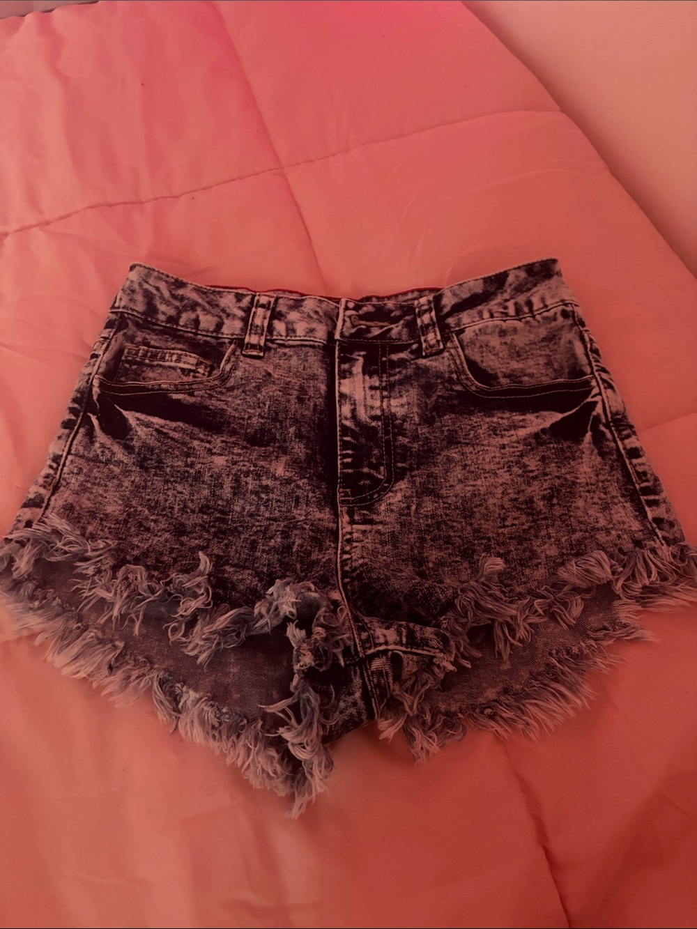 High-Rise Acid Wash Frayed Hem Denim Shorts